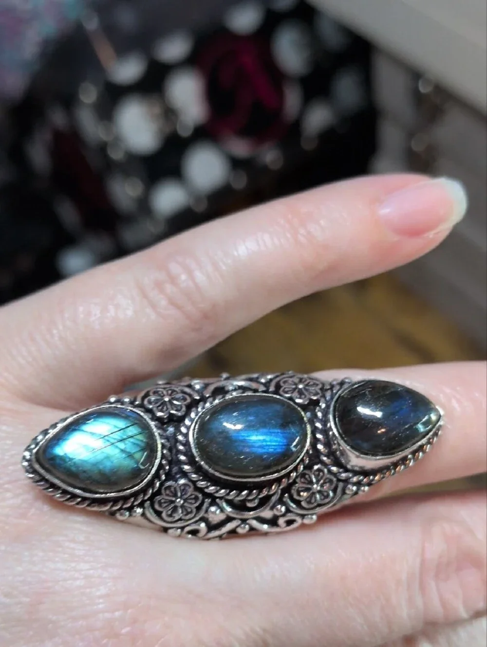 Sterling Silver Labradorite Triple Stone Statement Ring - Blue